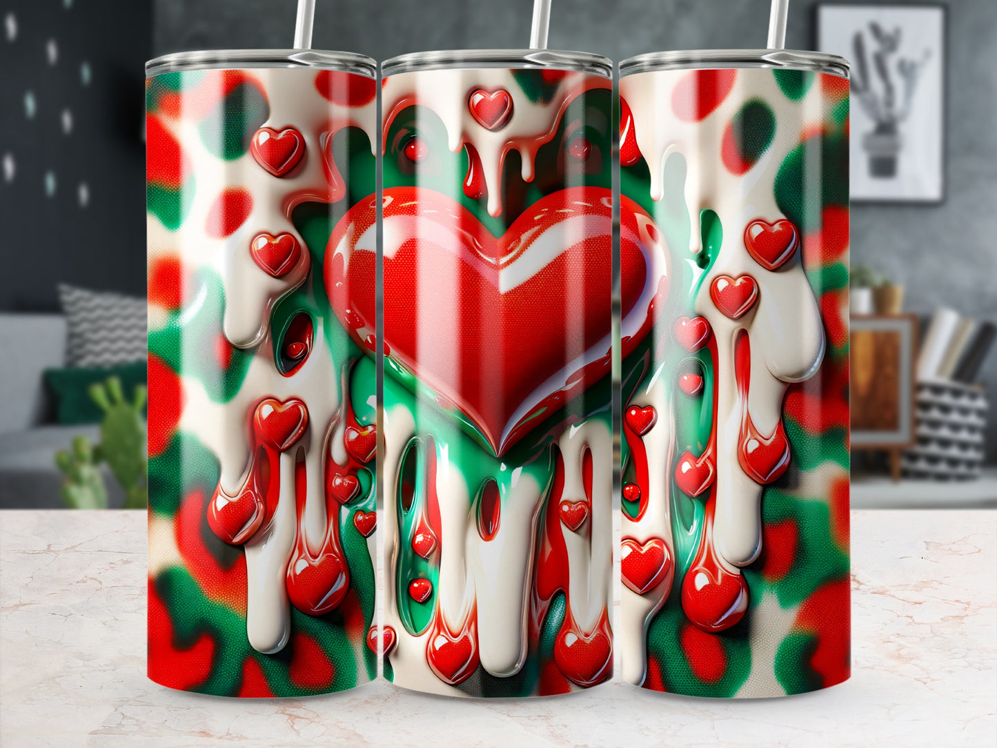 Red Heart Love Drip Abstract Valentine's Day! Hearts Drips Abstract Green And Red Design Art Tumblers