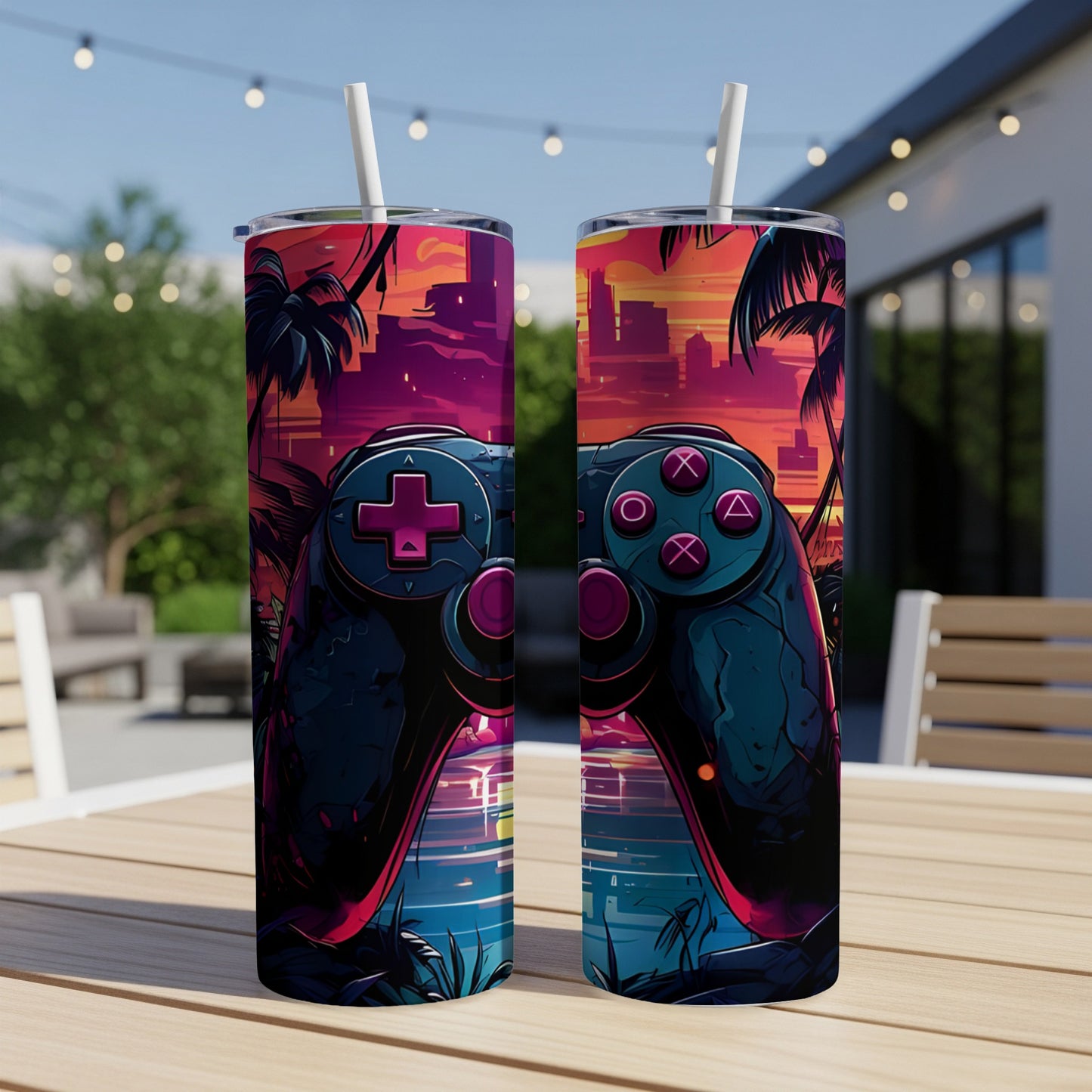 Two tumblers with a retro-futuristic video game controller and sunset cityscape design.
