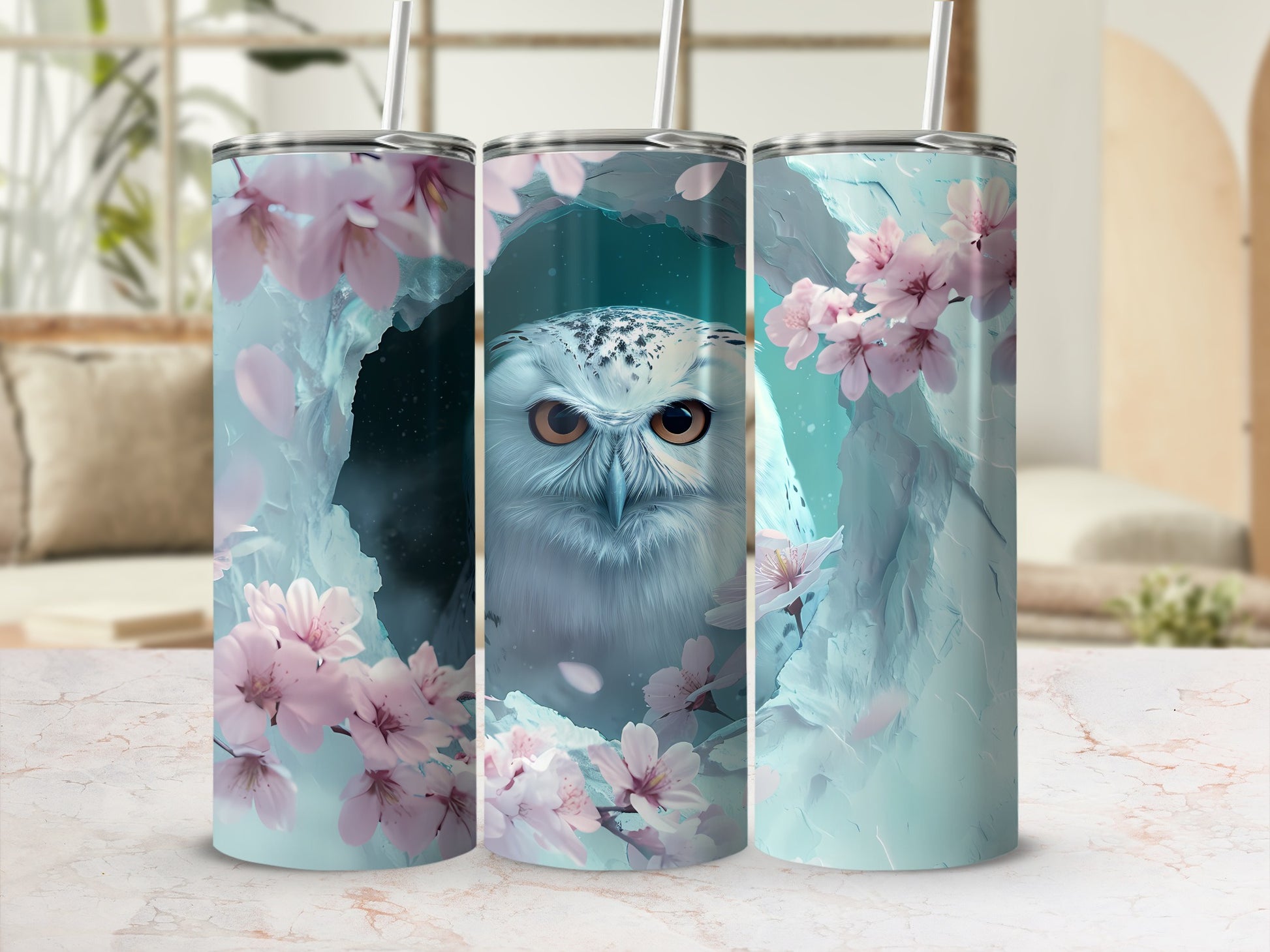 Owl with cherry blossoms on a skinny tumbler.