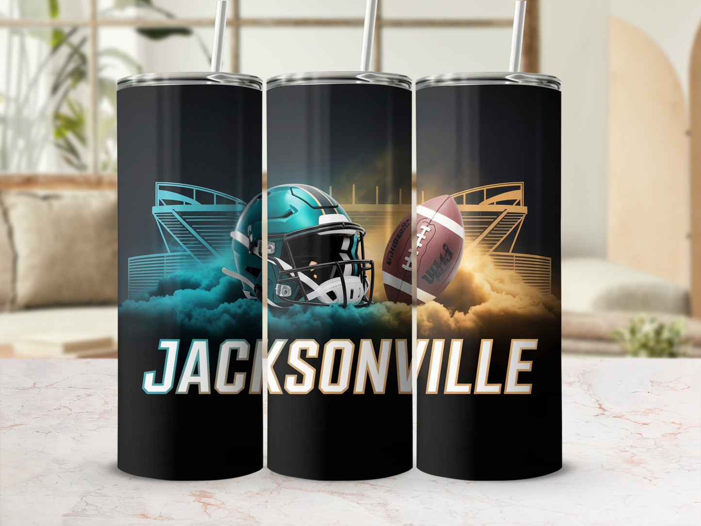 Three tumblers with Jacksonville Jaguars football helmets and football design.
