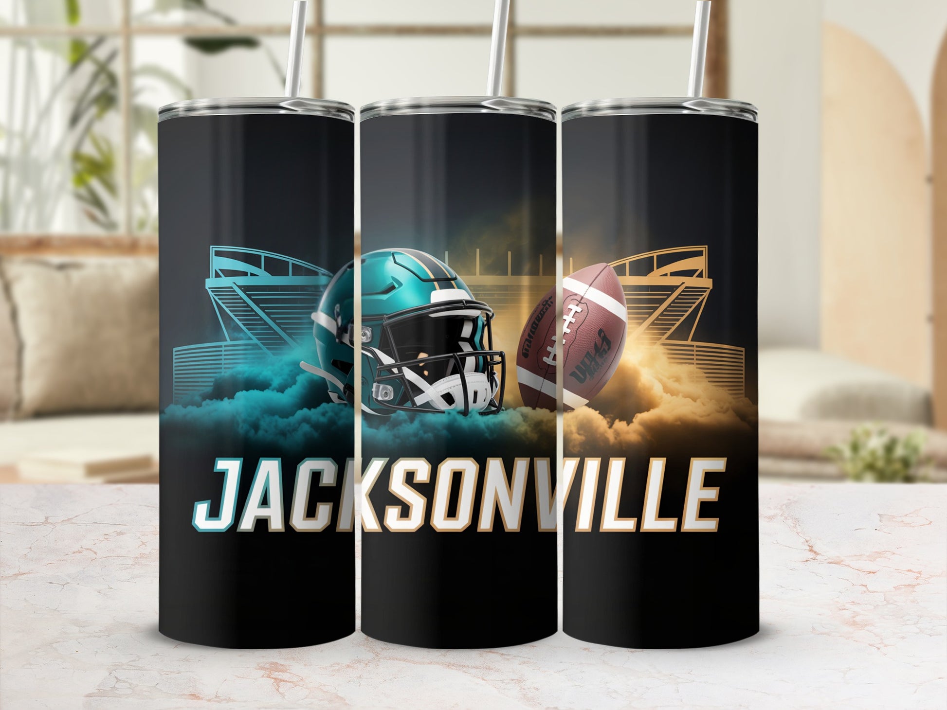 Three tumblers with Jacksonville Jaguars football helmets and football design.