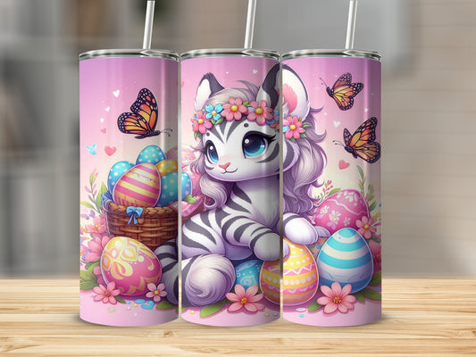 Cartoon cat with Easter eggs and butterflies on a pink background.