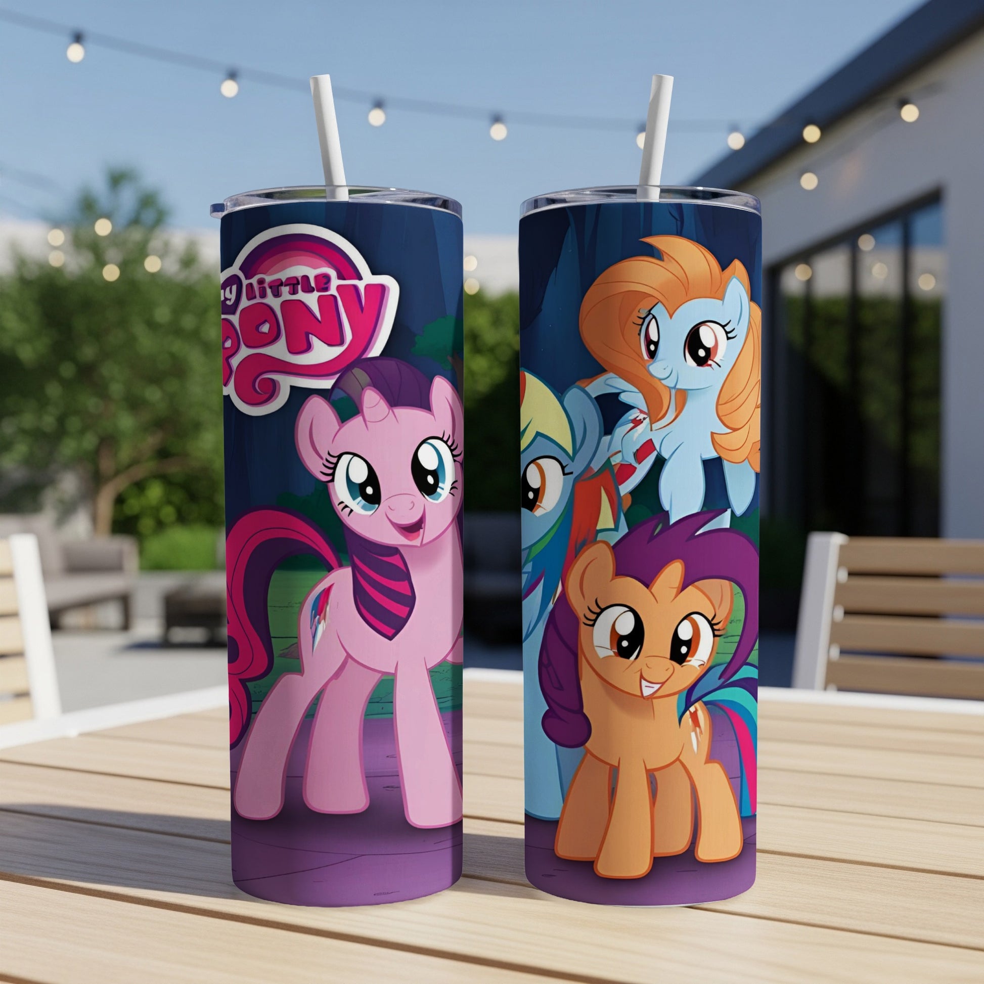 My Little Pony tumblers featuring Rainbow Dash, Pinkie Pie, and Scootaloo.