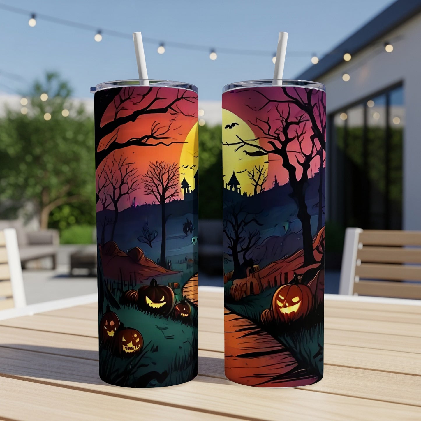 Two tumblers display a vibrant Halloween scene with jack-o'-lanterns and spooky trees under a colorful sky.