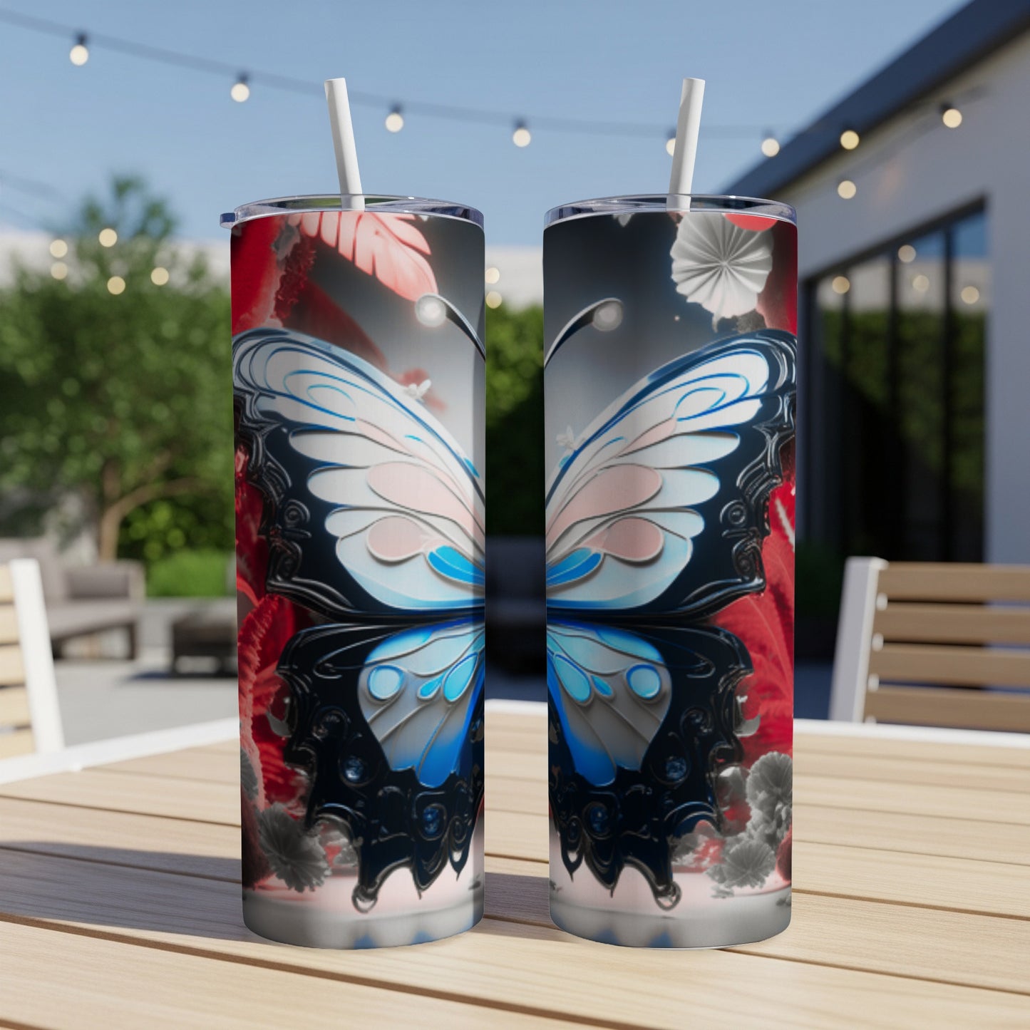 Two tall tumblers featuring a mirrored butterfly design with blue and white wings.