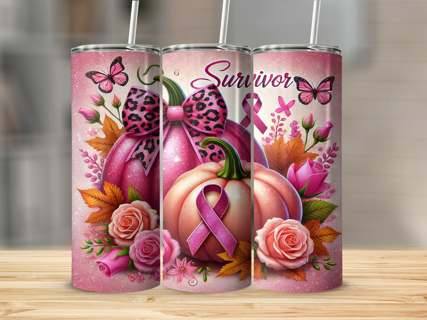 Pink pumpkin with leopard print bow and "Survivor" text, on tumbler.