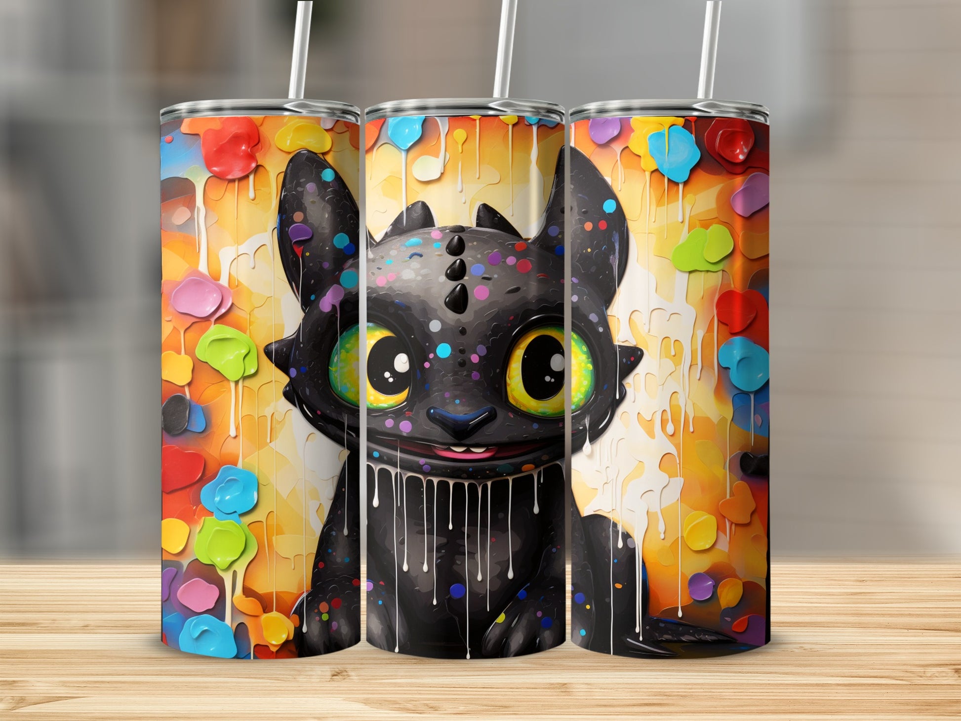 Colorful Cute Dragon Themed Tumbler with Straw Tumbler