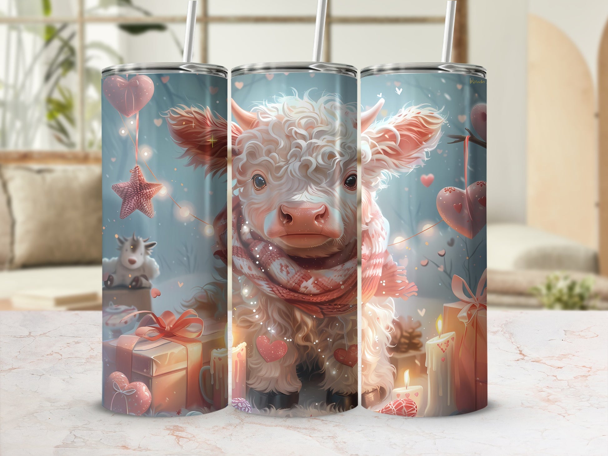 Fluffy calf wearing a scarf with hearts and presents.