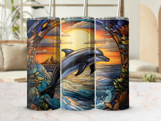Dolphin leaping from ocean waves with stained glass frame.