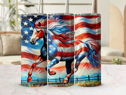 Three tumblers featuring a running horse against an American flag background.