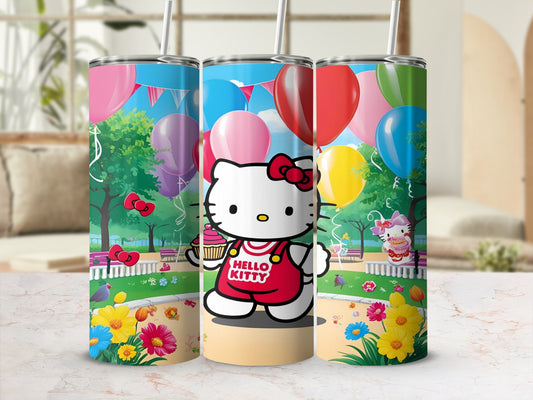 Hello Kitty in red overalls holding a cupcake, with balloons and flowers.