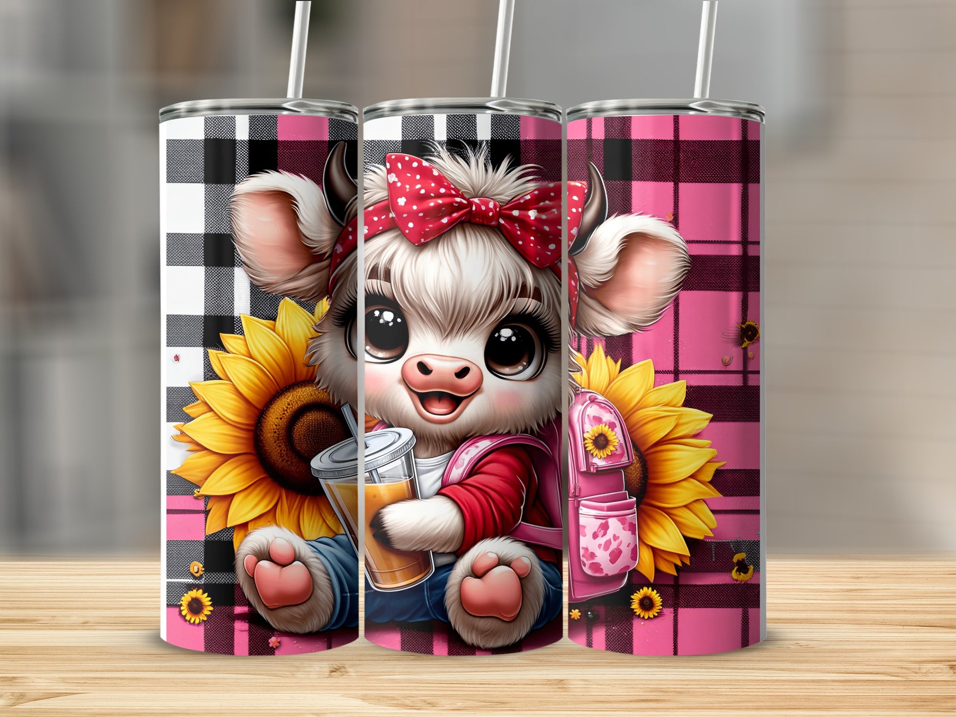Cute cartoon cow with sunflower and pink plaid tumbler.