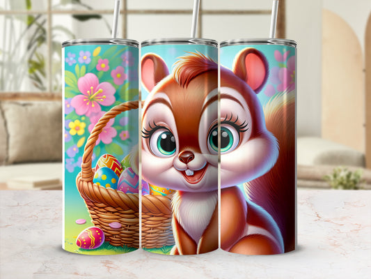 Cute squirrel with Easter basket and decorated eggs on a tumbler.