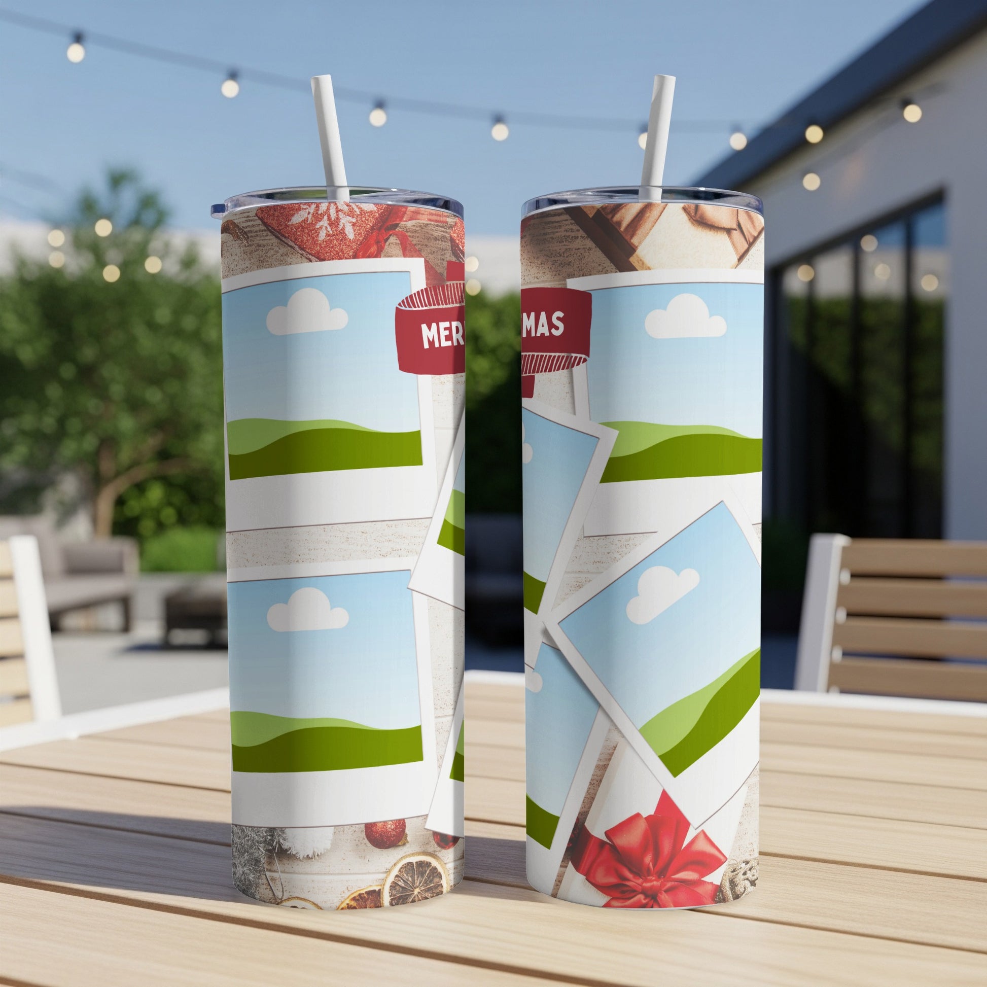 Two tumblers with a collage of holiday-themed photos and "Merry Christmas" text.