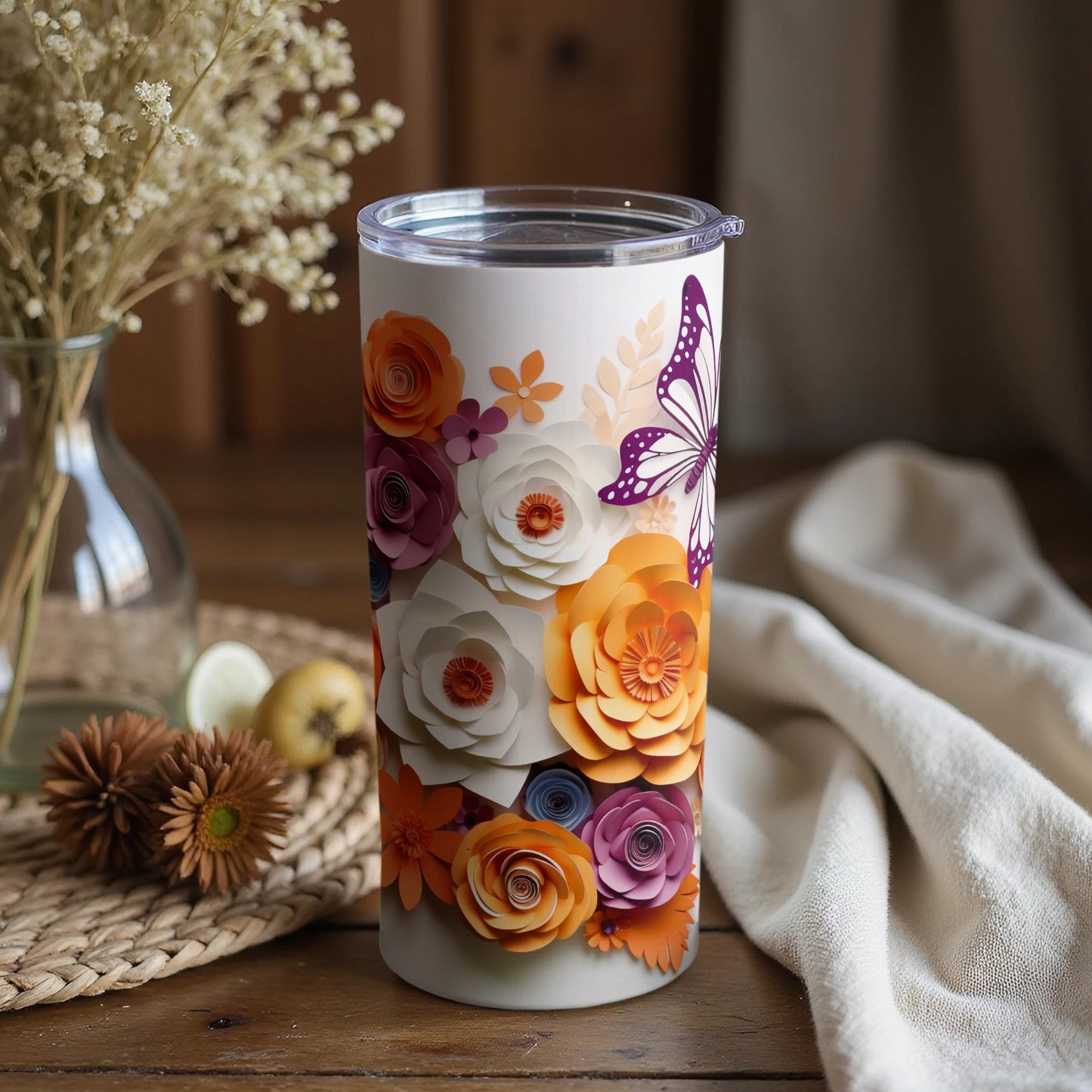 Colorful Floral Design with Butterfly Tumbler