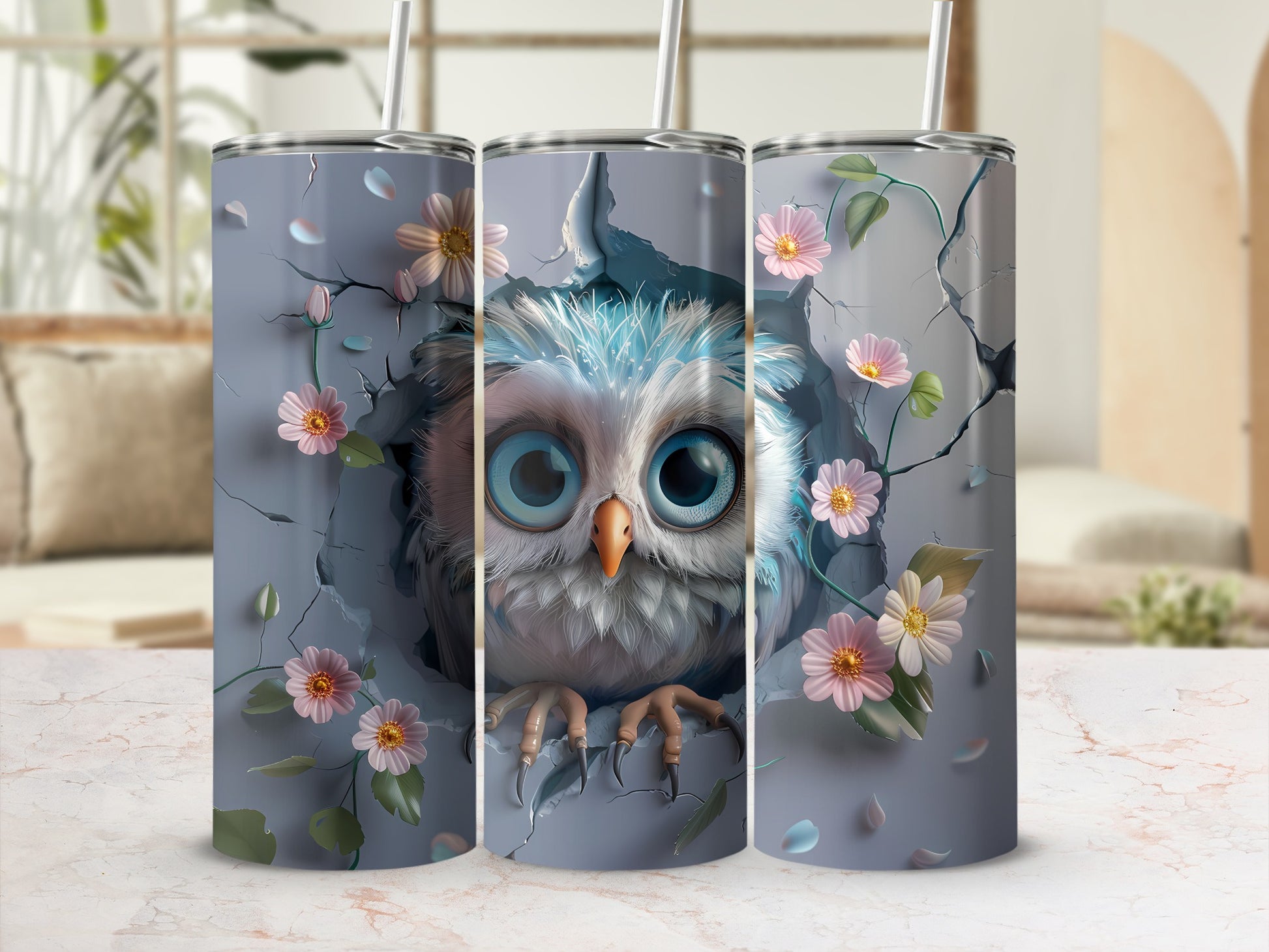 Triptych of a cute owl peeking through a cracked wall with flowers.