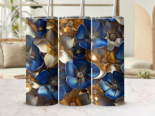 Three tumblers with a close-up floral pattern in blue and gold.