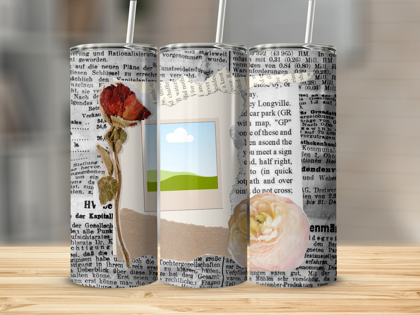 Collage of dried flowers and torn paper on travel tumblers.
