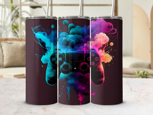 Three tumblers featuring a black video game controller with colorful smoke splashes.