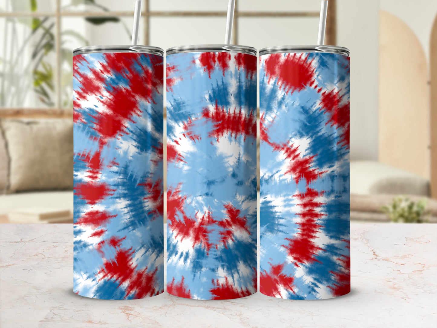 Three tumblers with a red, white, and blue tie-dye pattern.
