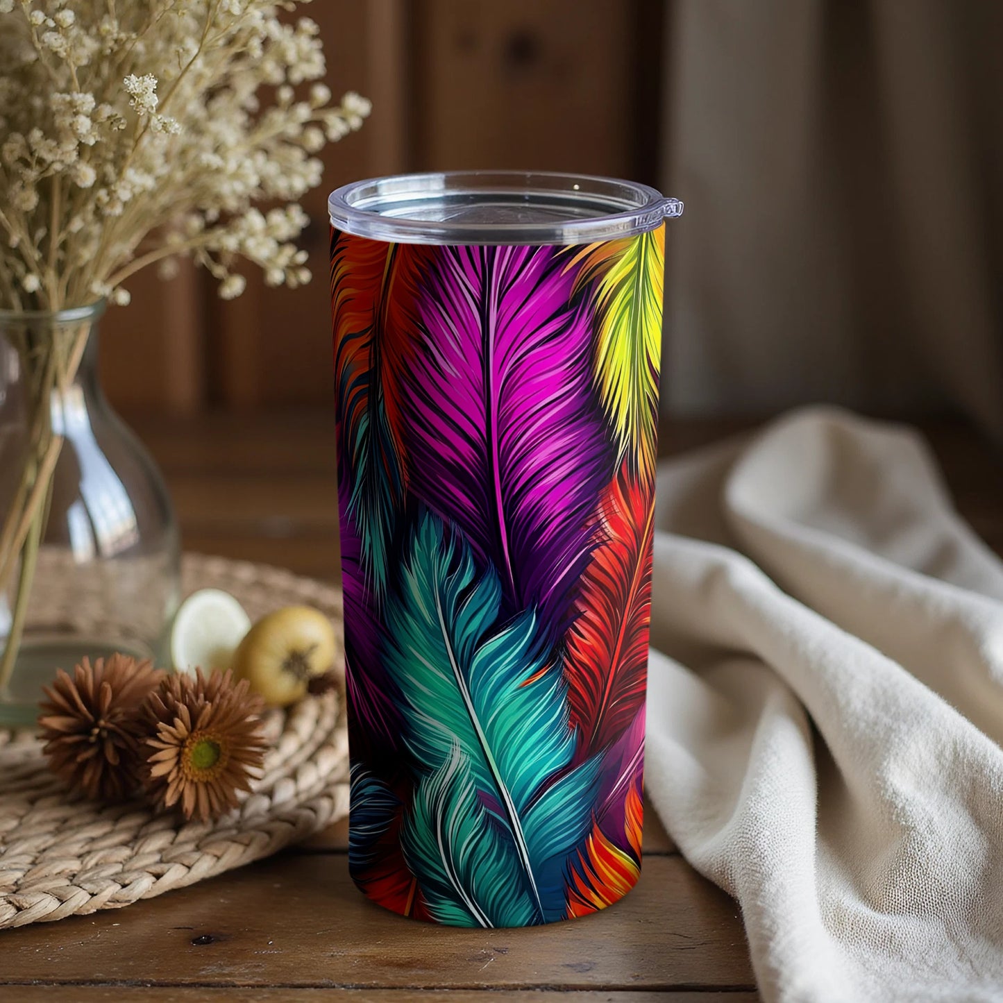 Vibrant Multicolor Feather Tumbler Travel Mug
