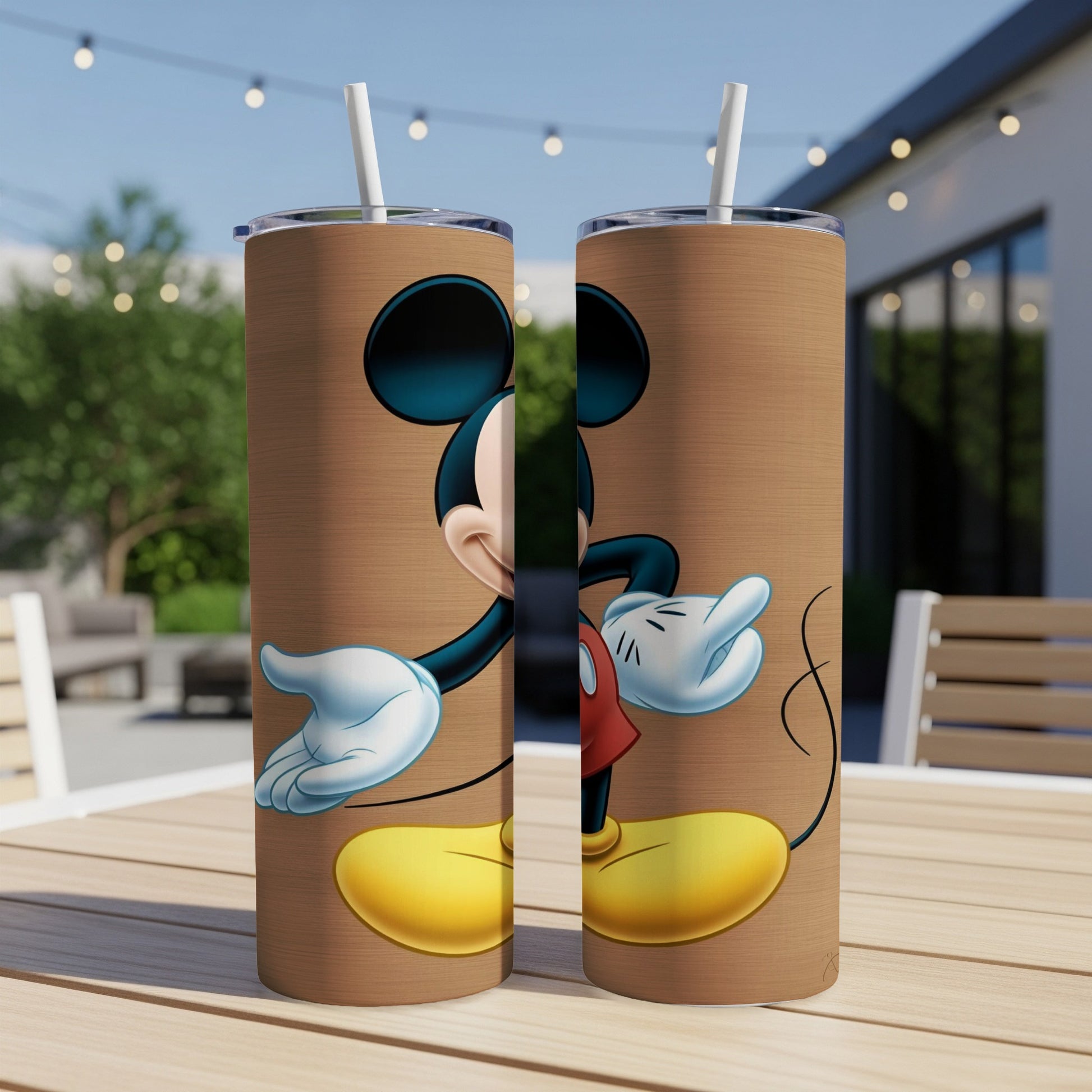 Two tumblers with Mickey Mouse design on a wood-grain background.