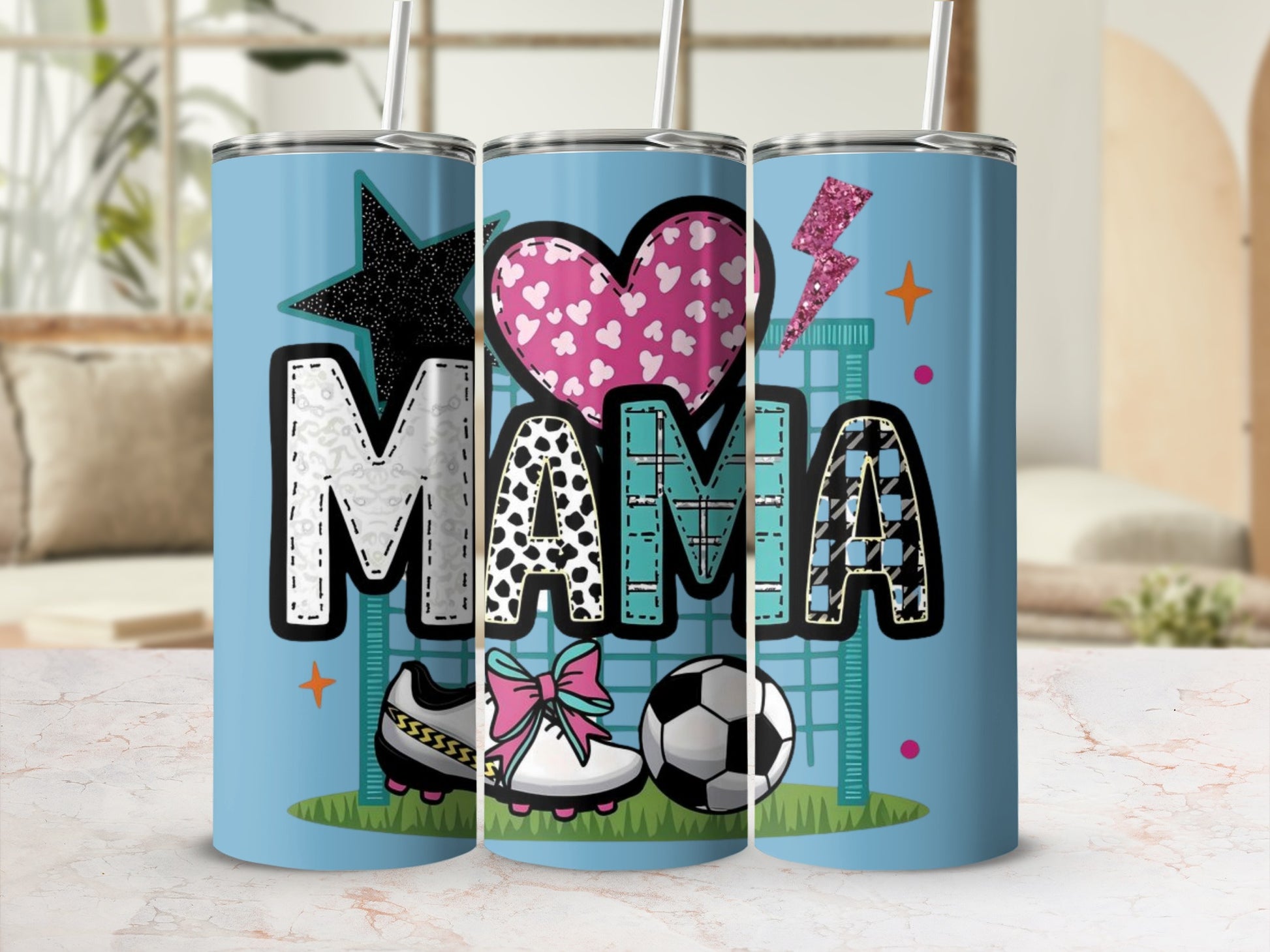 Sporty Mama Tumbler with Soccer Heart and Star Theme