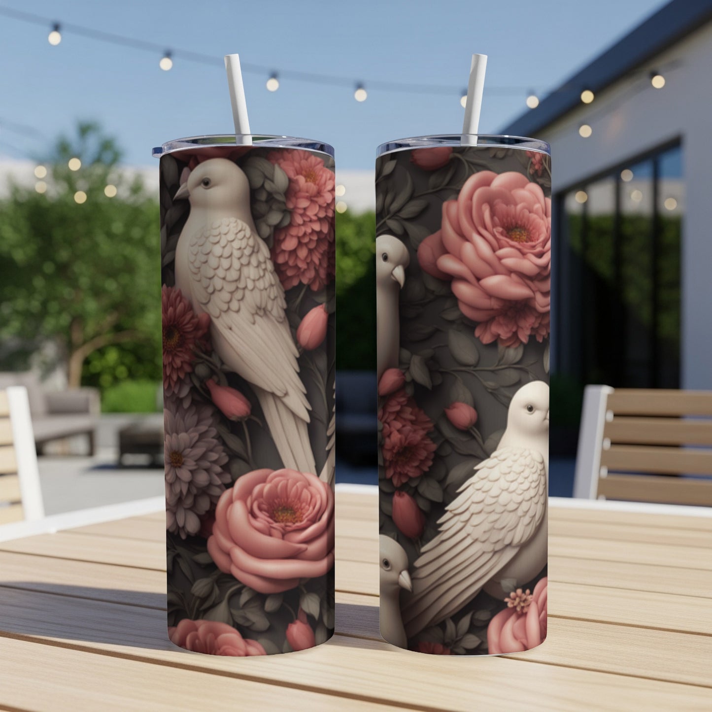 Two white doves and pink roses on a tumbler.