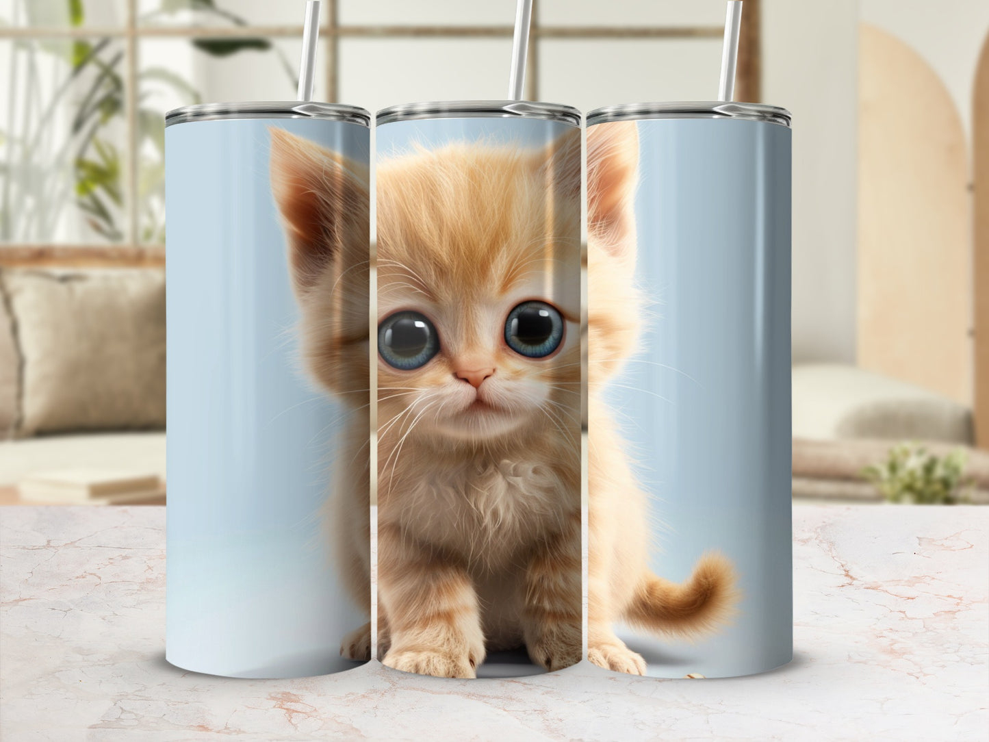 Orange kitten with large blue eyes on a light blue background.