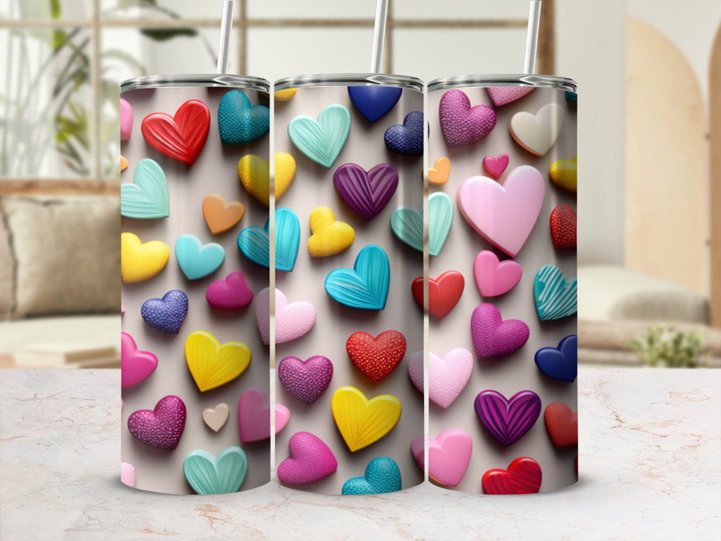 Three colorful heart-patterned tumblers with straws, arranged in a row.