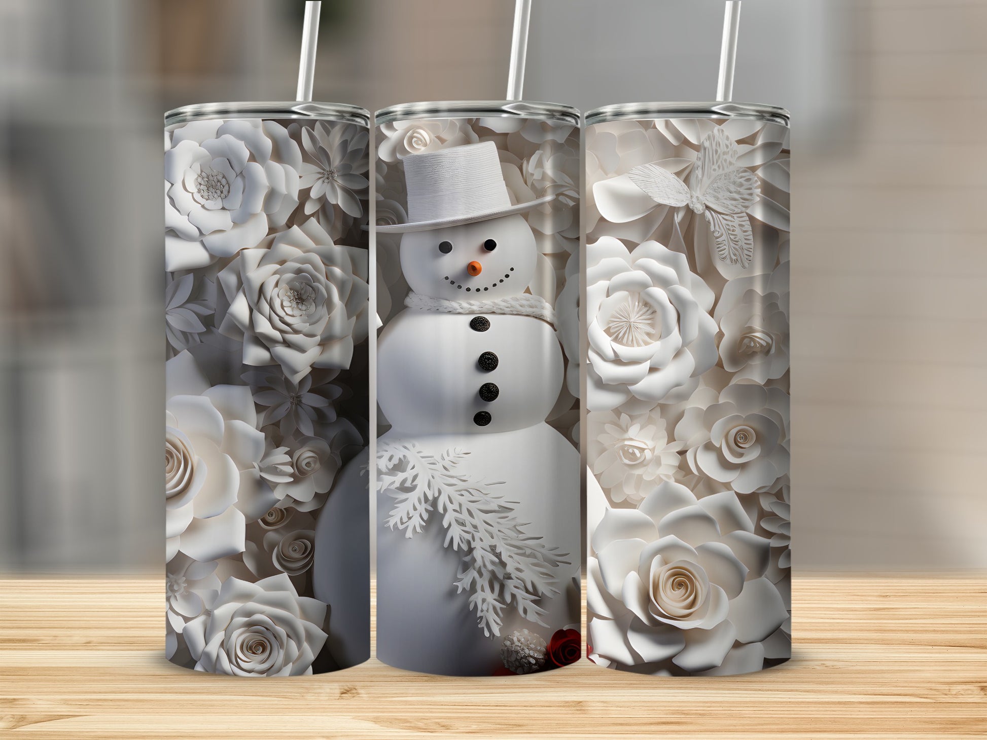 Festive Snowman and Floral Design Stainless Steel Tumbler