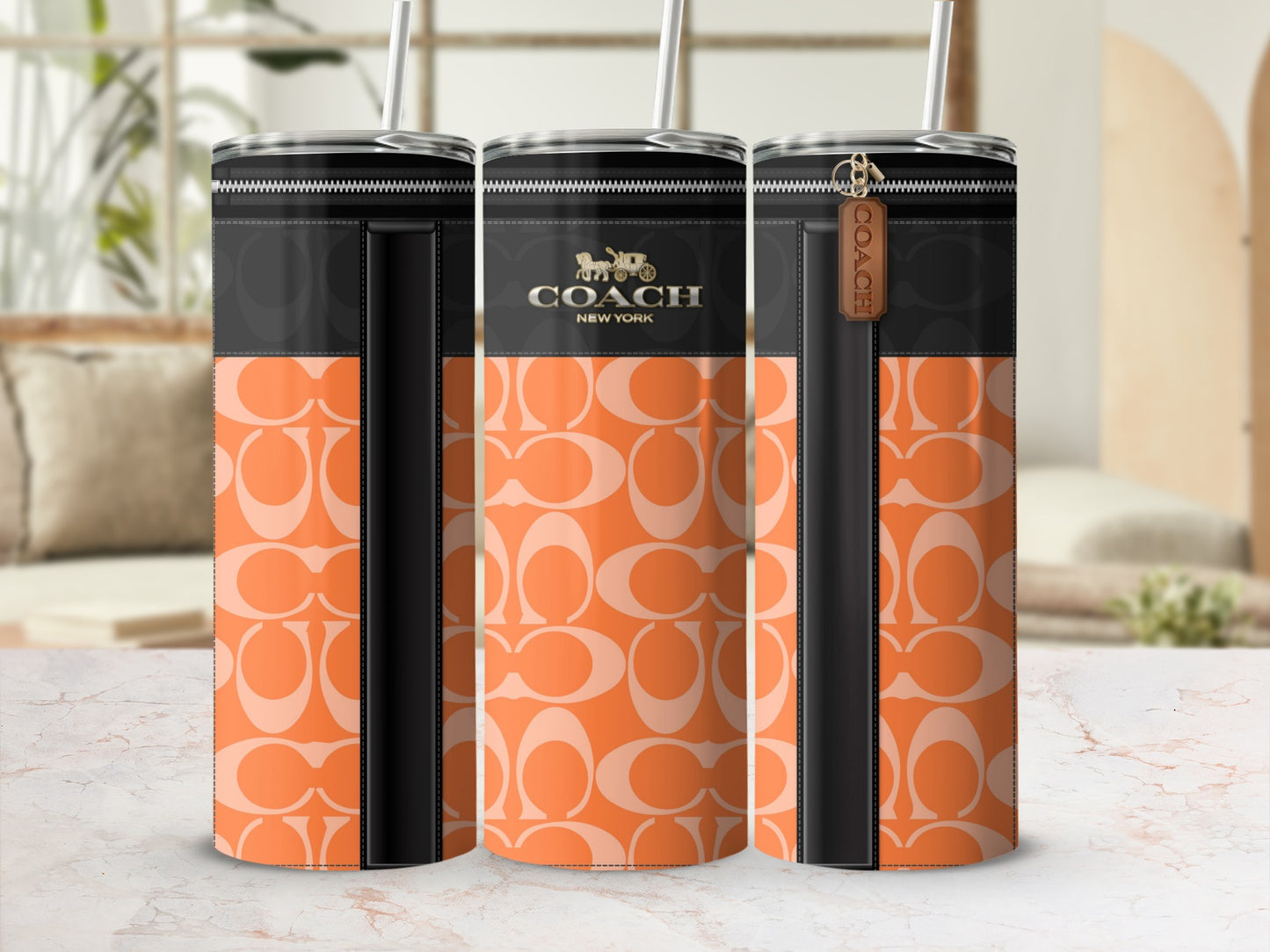 Coach New York Orange and Black Tall Tumbler with Straw