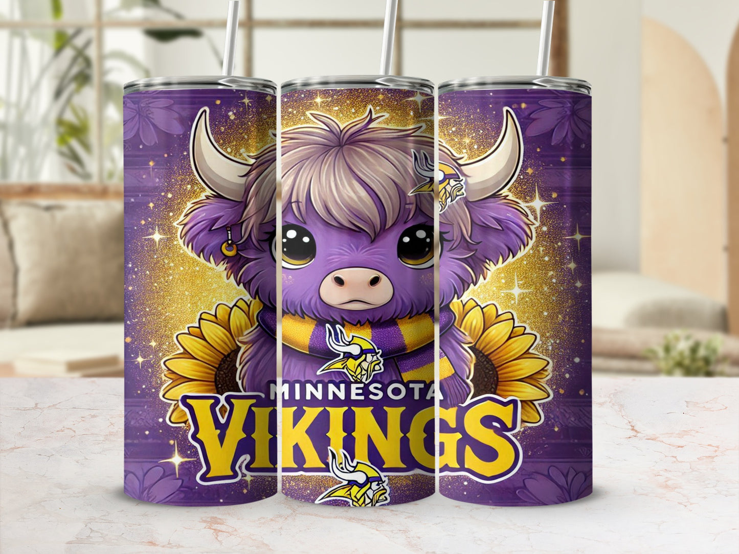 Purple tumbler with a cartoon Highland cow and Minnesota Vikings logo.