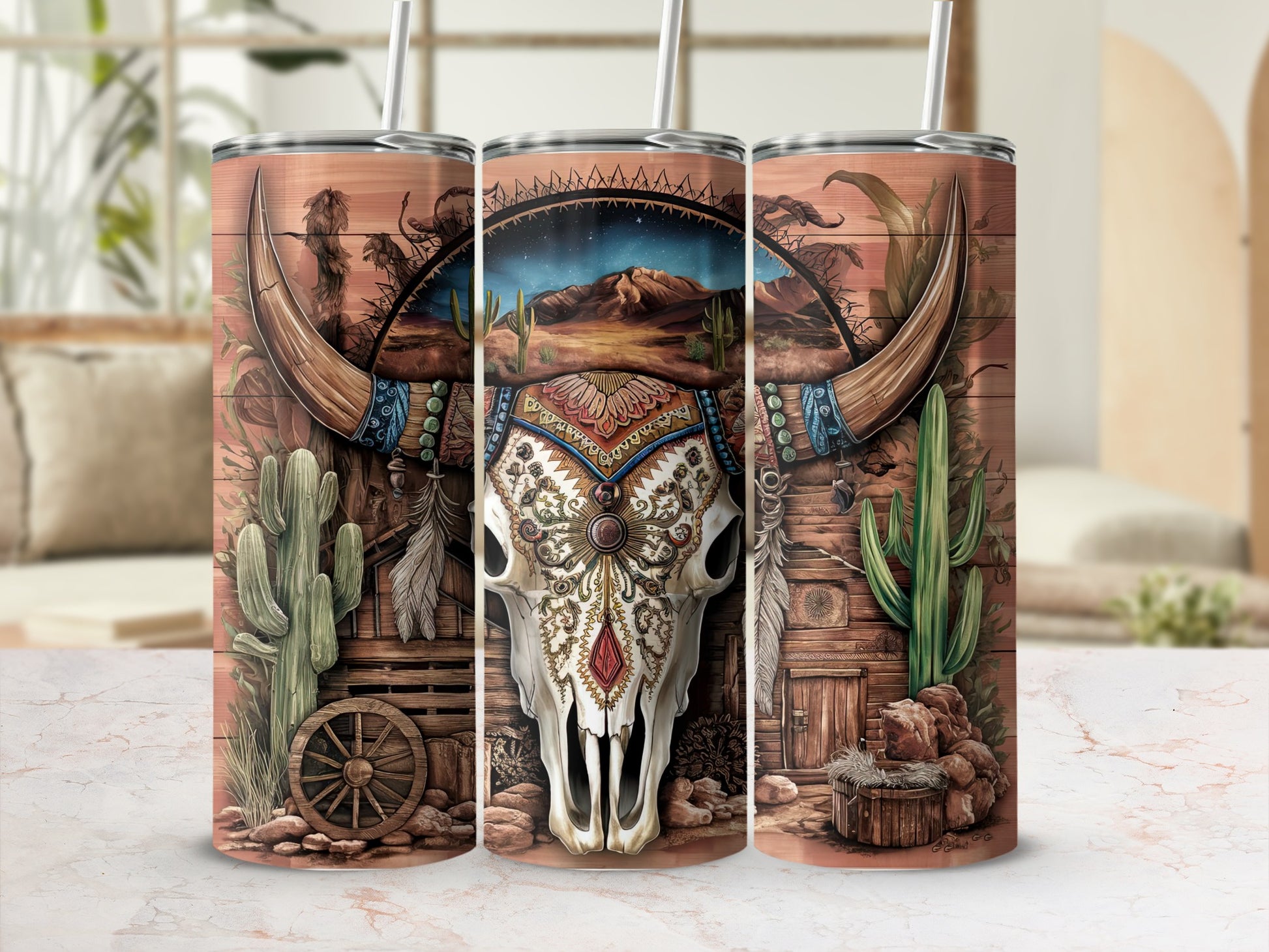 Triptych tumbler wrap featuring a decorative bull skull with desert landscape and cacti.