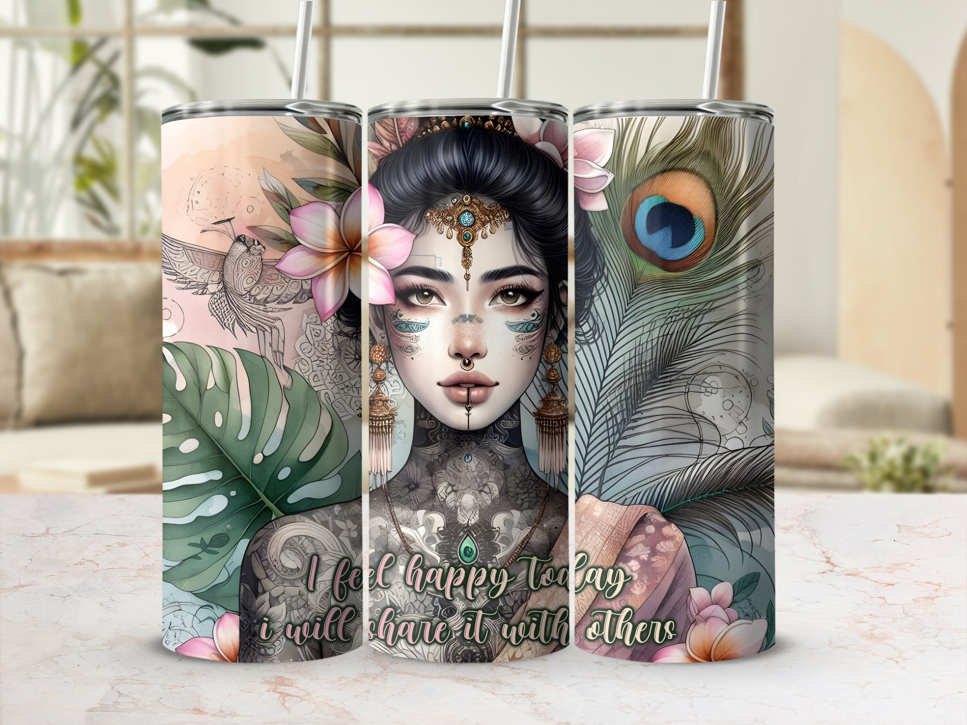 Tumbler with a tattooed woman, peacocks, and the text "I feel happy today I will share it with others."