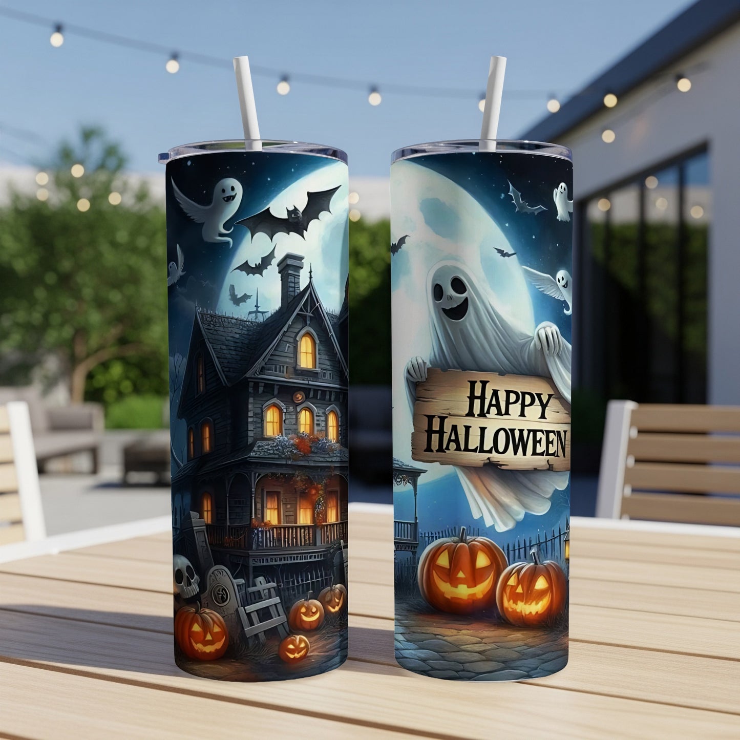Two Halloween-themed tumblers with spooky houses, ghosts, bats, and pumpkins.