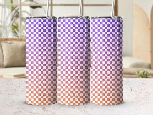 Three tumblers with a purple to orange gradient checkered pattern.