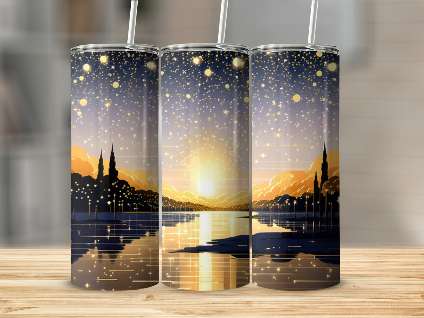 City skyline at sunset with glowing lights reflecting on water.