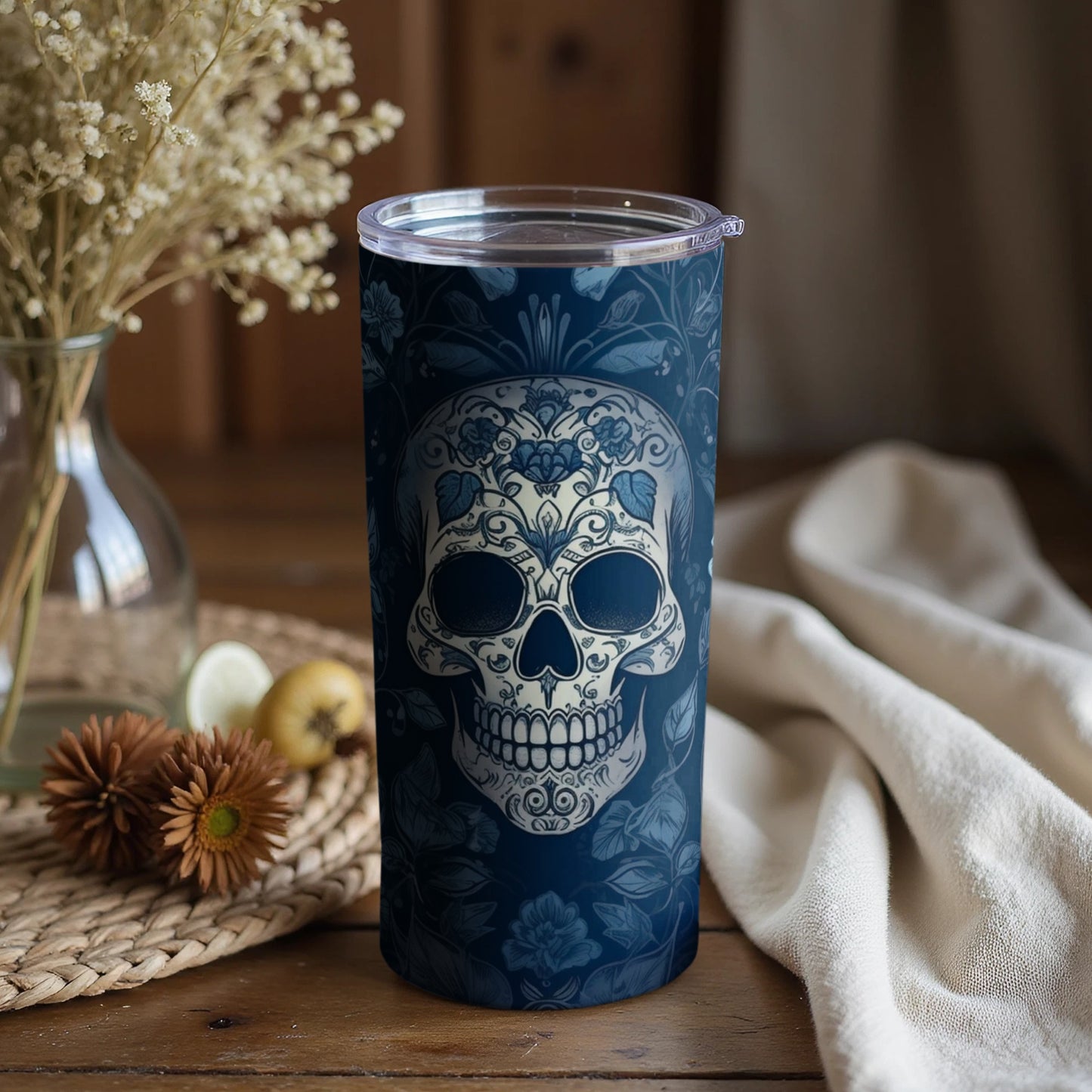 Blue Skull Floral Design Tumbler for Stylish Drinkware
