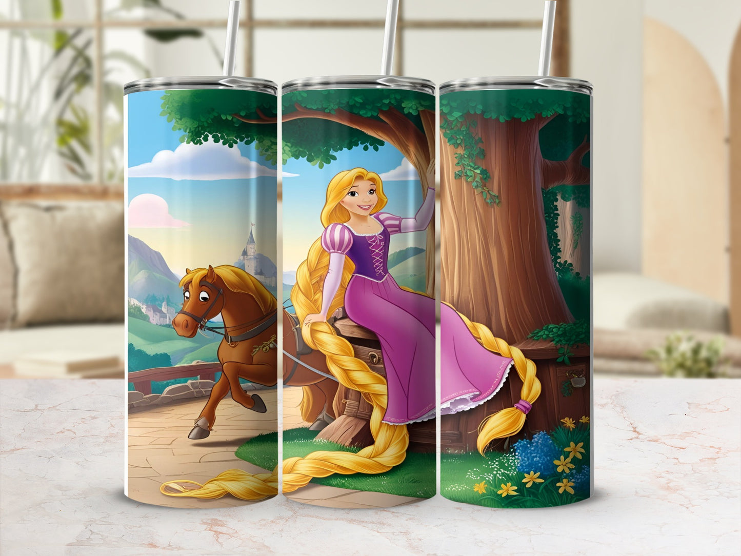 Rapunzel with long blonde hair sits on a wooden bench next to a horse.