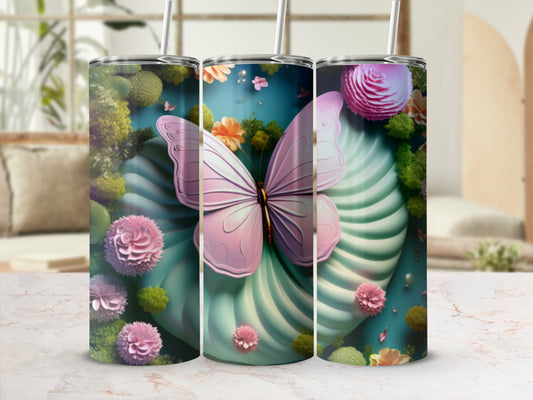 Pink butterfly and floral design on a tumbler.