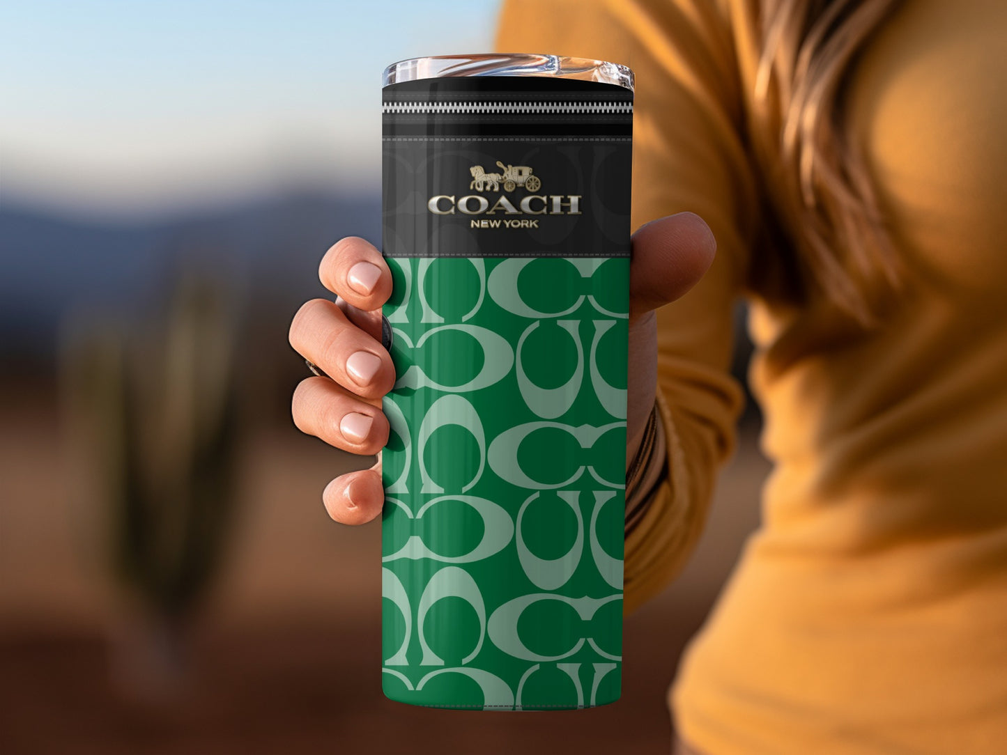 Green and Black Patterned Coach New York Travel Mug