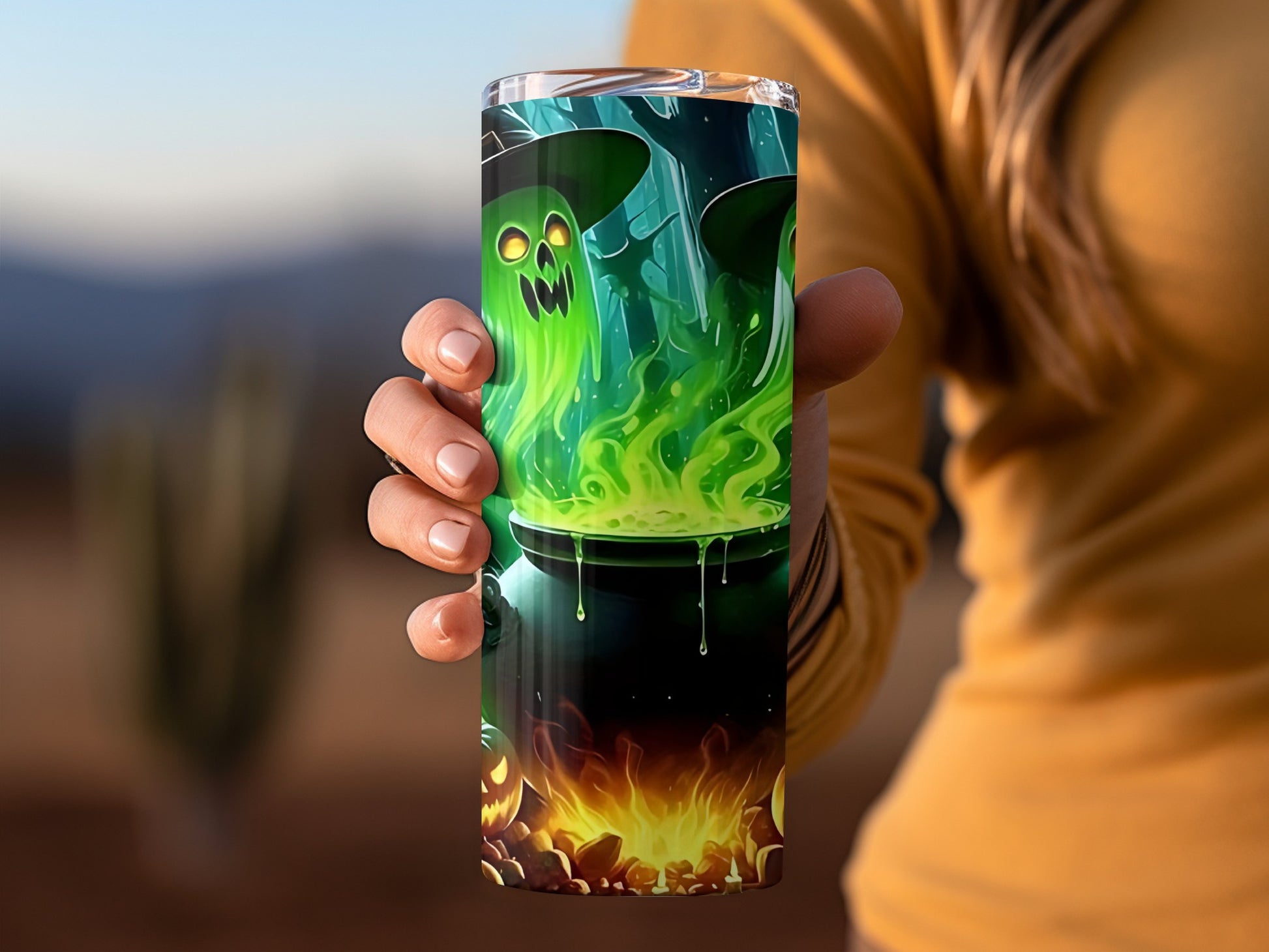 Spooky Green Witch Cauldron Halloween Tumbler Cup