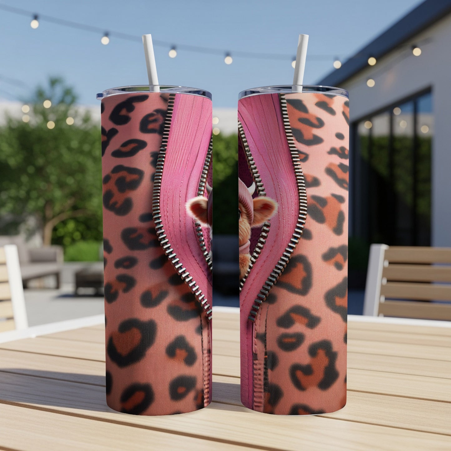 Two tumblers with leopard print and a pink zipper revealing a cow face.