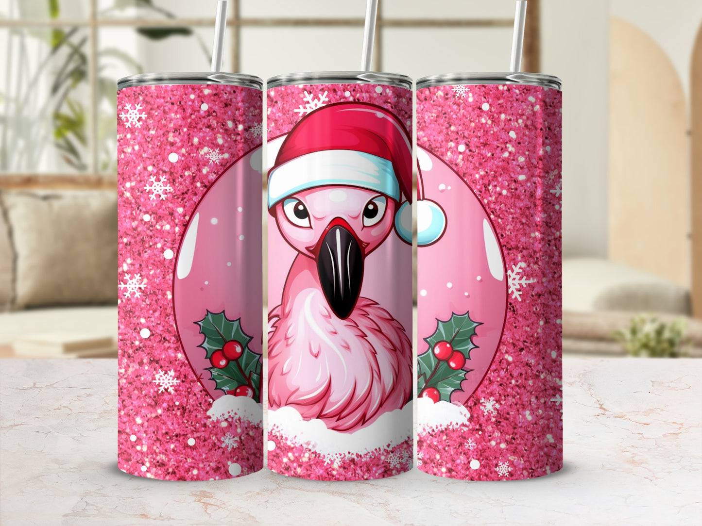 Pink Glitter Christmas Flamingo Holiday Ornament Product