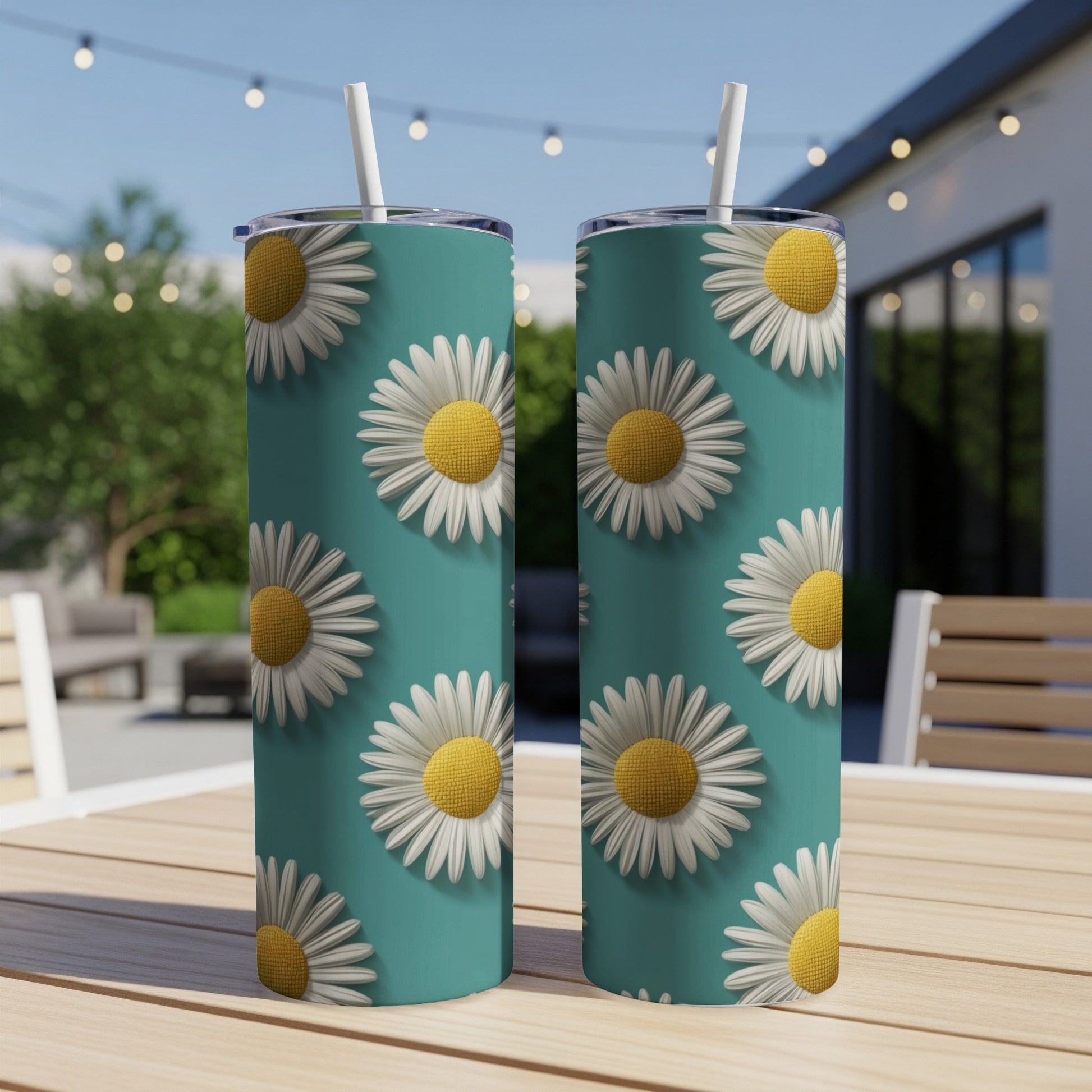 Two tumblers with a repeating daisy pattern on a teal background.