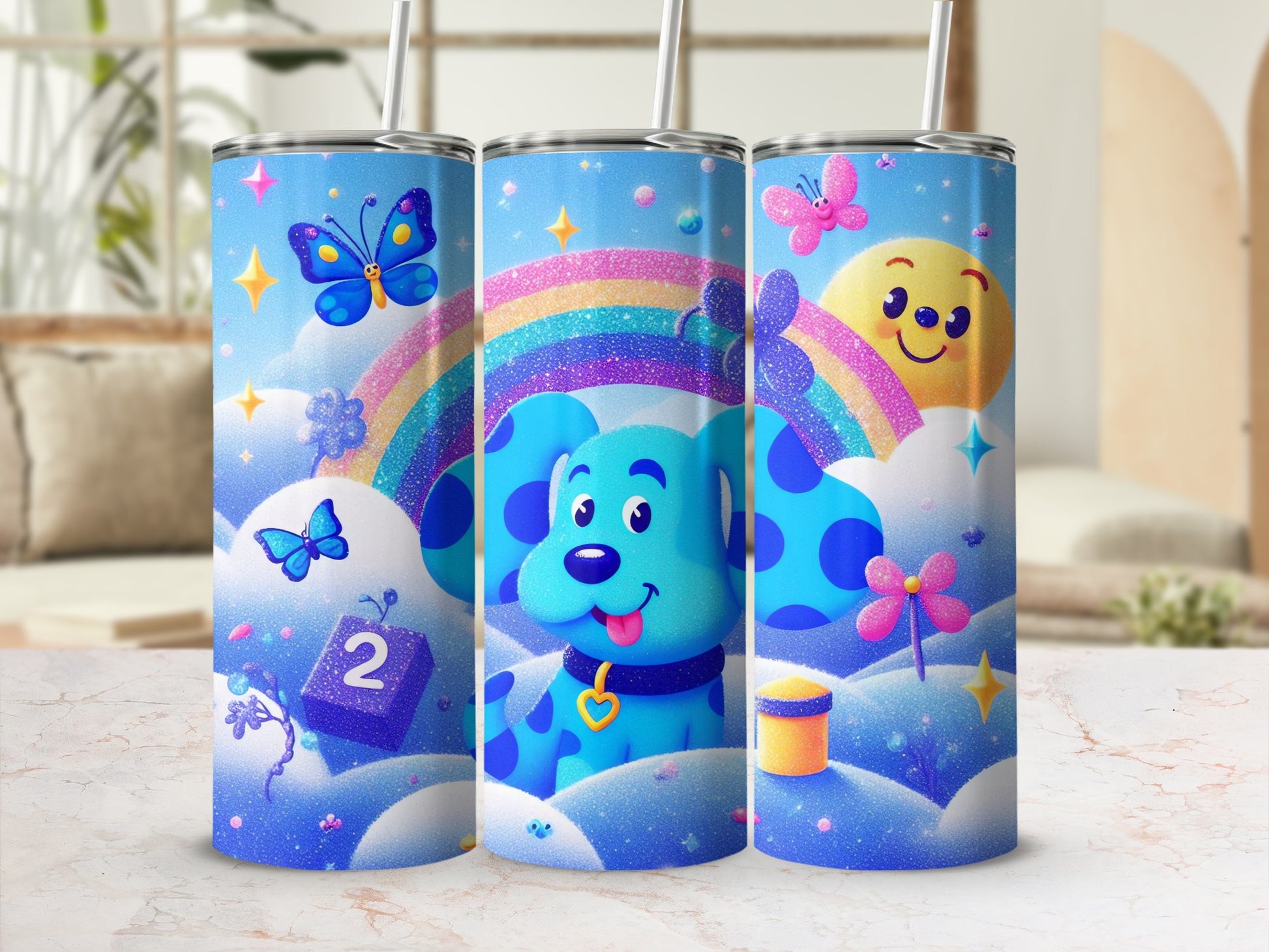 Colorful Blue Dog Rainbow Design Kids Tumbler