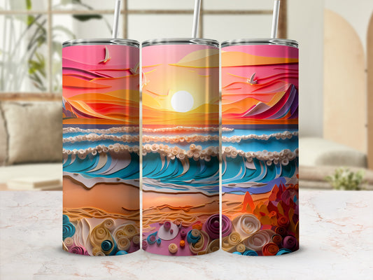 Vibrant Quilled Sunset Ocean Waves Beach Scene Tumbler product type