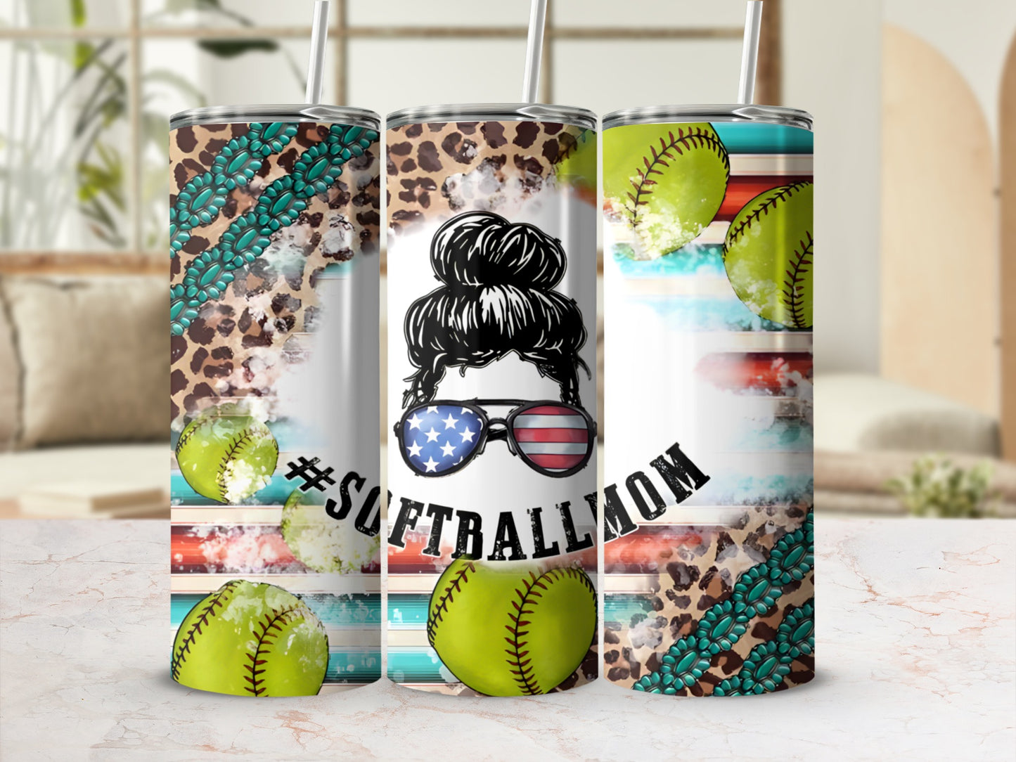 Tumbler with softball, leopard print, and "#SoftballMom" text.