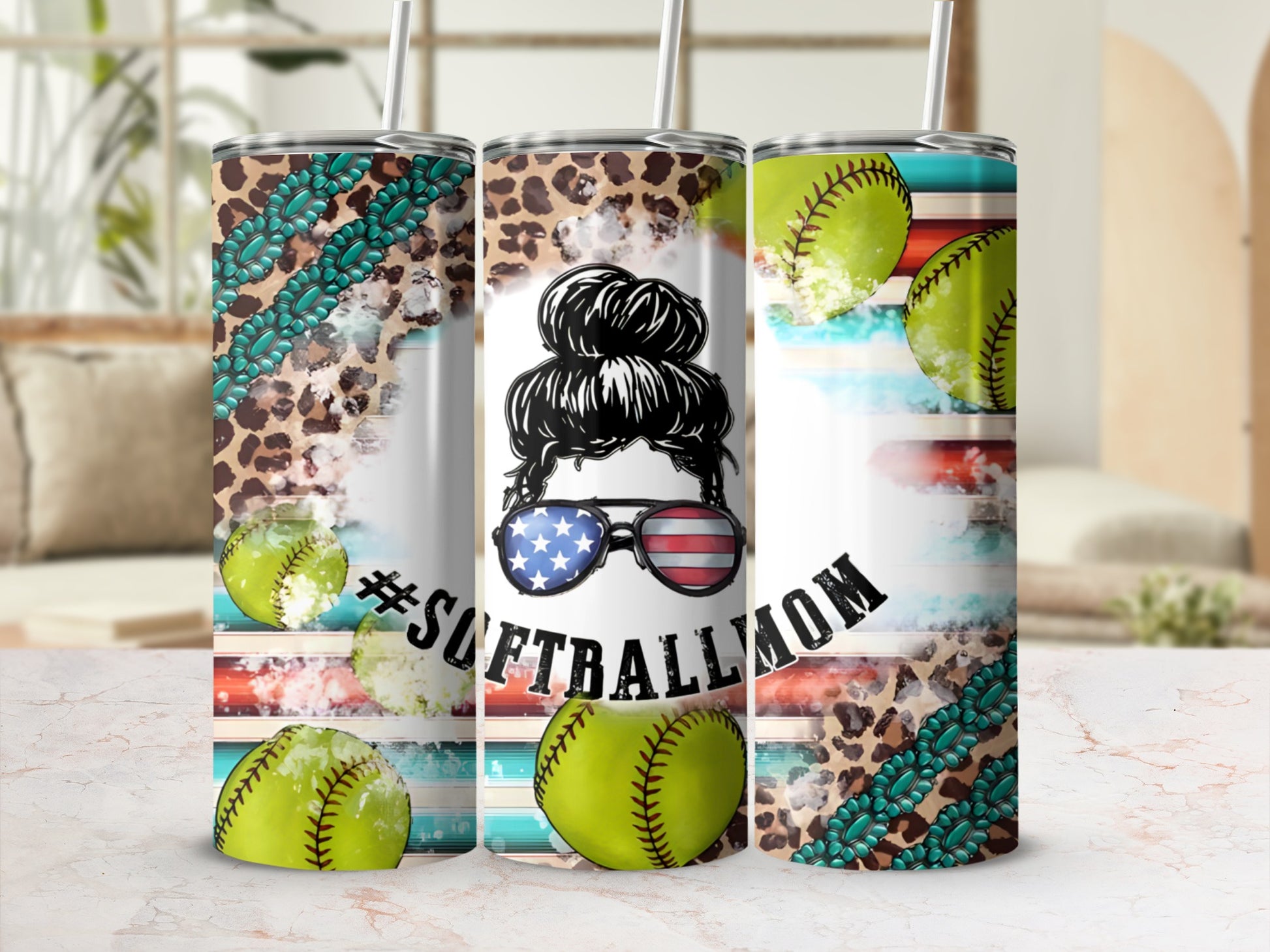Tumbler with softball, leopard print, and "#SoftballMom" text.
